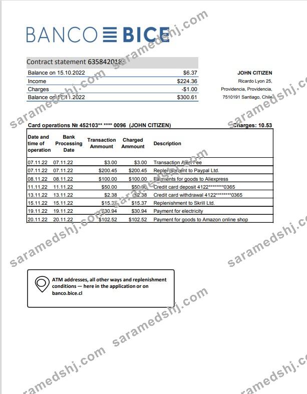 Chile Banco Bice bank statement template, Excel and PDF format